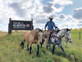 Hoofing it: Felipe Masetti Leite leaves Alberta on his journey south.