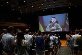 He’s fighting off a Russian invasion, but he still has time for some Toronto undergrads. Volodymyr Zelenskyy, president of Ukraine, is seen here addressing students at the University of Toronto on Tuesday. Click the image for more.
