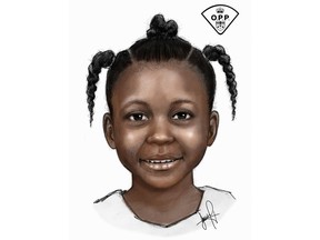 This image provided by the Toronto Police Service and Ontario Provincial Police shows a composite sketch of a little girl whose body was found in a dumpster and whom authorities are trying to identify. The remains of the Black girl, between 4 and 7 years old, were found in a construction bin outside a Dale Avenue home in Toronto's wealthy Rosedale neighborhood on May 2, 2022. Toronto police say an SUV that stopped outside a home where a little girl's remains were found in May has "no connection" with the case. THE CANADIAN PRESS/Toronto Police Service via AP