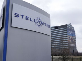 The Stellantis sign is seen outside the Chrysler Technology Center, Tuesday, Jan. 19, 2021, in Auburn Hills, Mich.&ampnbsp;Unifor Local 444 says an arbitrator has ruled that Stellantis Canada must lift its mandatory vaccine policy.&ampnbsp;