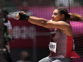 Camryn Rogers, of Canada, competes in the qualification rounds of the women's hammer throw at the 2020 Summer Olympics, Sunday, Aug. 1, 2021, in Tokyo.&ampnbsp;Rogers won her third NCAA women's hammer throw title in stunning fashion on Thursday.