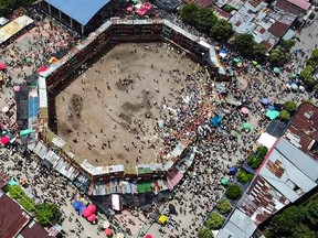 An aerial view of the collapsed grandstand in a bullring in El Espinal, southwest of Bogota, on June 26, 2022.