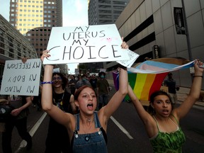 Protesters march in support of abortion rights in Denver on June 27.