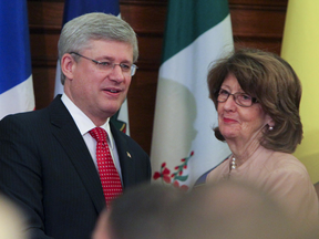 In this 2013 photo, then Prime Minister Stephen Harper is seen with Marjory LeBreton, Government Leader in the Senate. LeBreton spoke out over the weekend about a possible return to the Alliance/PC split that predated the formation of the modern Conservative Party.