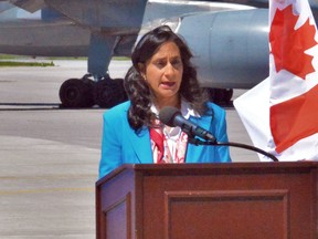 National Defence Minister Anita Anand announces $4.9 billion in new spending to help modernize NORAD. at CFB Trenton in Ontario, June 20, 2022.