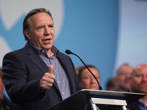 Quebec Premier Francois Legault makes a closing speech at the CAQ national convention in Drummondville, Que., on May 29.