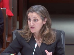 Federal Finance Minister Chrystia Freeland testifies before the Parliamentary committee studying the use of the Emergencies Act, on June 14, 2022.