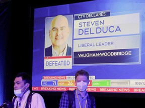 A TV screen at Doug Ford's PC Party election night watch party shows that Ontario Liberal leader Steven Del Duca was defeated in his riding, June 2, 2022.