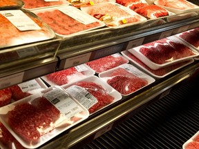 Ground beef is seen on the shelves of a Sobeys grocery store in Sherwood Park, Alberta on September 23, 2012.
