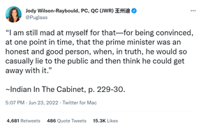 Die frühere Justizministerin Jody Wilson-Raybould hat sich letzte Woche auf Twitter zur Lucki-Affäre geäußert.  Im Jahr 2019 war es Wilson-Raybould, der einen Versuch von Premierminister Justin Trudeau aufdeckte, den Ausgang eines Bestechungsfalls zu beeinflussen, an dem das Ingenieurbüro SNC-Lavalin beteiligt war.