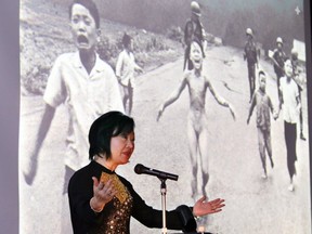 Vietnamese-Canadian Phan Thi Kim Phuc delivers her speech before her June 8, 1972 Pulitzer-Prize-winning photograph during the Vietnam war, during a lecture meeting in Nagoya, Aichi prefecture on April 13, 2013.