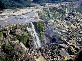 A view of the dewatering of the American Niagara Falls in 1969.