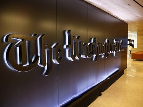 The newspaper's banner logo is seen during the grand opening of the Washington Post newsroom in Washington January 28, 2016.