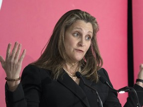 Deputy Prime Minister and Minister of Finance of Canada, Chrystia Freeland speaks during a business luncheon Monday, April 11, 2022  in Montreal. THE CANADIAN PRESS/Ryan Remiorz