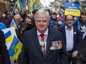 Retired General Rick Hillier at a rally in support of Ukraine in downtown Toronto on April 3, 2022.