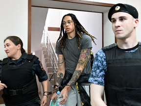 US WNBA basketball superstar Brittney Griner arrives to a hearing at the Khimki Court, outside Moscow on June 27, 2022.