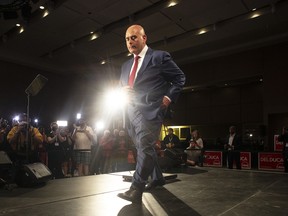 Ontario Liberal Leader Steven Del Duca leaves the stage after stepping down as party leader on election night in Vaughan, Ont., June 2, 2022.