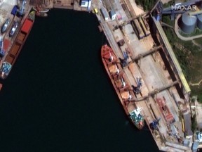 A satellite image shows a closeup of bulk carrier ship loading grain at the port of Sevastopol, Crimea May 22, 2022.