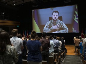 Volodymyr Zelenskyy, president of Ukraine, addresses students at the University of Toronto during an event hosted by U of T President Meric Gertler and the Munk School of Global Affairs & Public Policy at Innis Town Hall Theatre, on June 22.