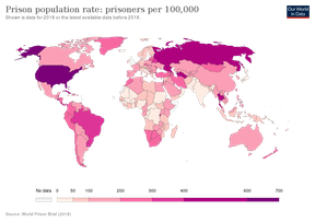 Countries colour-coded by their per-capita rate of prisoners as of 2018. Note the lightness of Canada’s pink.