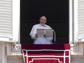 Pope Francis delivers his speech as he recites the Regina Coeli noon prayer from the window of his studio overlooking St. Peter's Square, at the Vatican, Sunday, June 12, 2022.