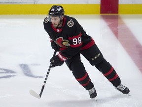 Ottawa Senators Victor Mete skates during warmup before NHL action against the Winnipeg Jets&ampnbsp;in Ottawa on April 12, 2021.