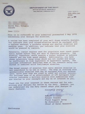This charming letter has been making the rounds of the internet lately. In 1978, an 11-year-old boy from North Bay, Ont. submitted his missile designs (drawn with felt marker) to the U.S. Department of Defence. They sent him this reply. After briefly praising the boy’s ingenuity, a U.S. Navy spokesman did not hold back in noting that the designs were woefully impractical and poorly designed.