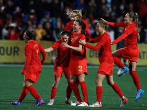Canada celebrates a goal by Christine Sinclair during second half soccer action against Nigeria during the national team celebration tour at Starlight Stadium in Langford, B.C., Monday, April 11, 2022.&ampnbsp;