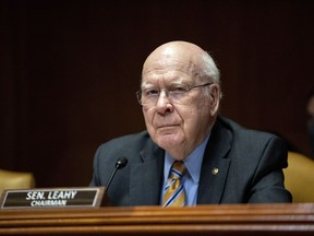 FILE - Sen. Patrick Leahy, D-Vt., listens as Chairman of the Joint Chiefs of Staff Gen. Mark Milley and Secretary of Defense Lloyd Austin testify before the Senate Appropriations Committee Subcommittee on Defense, May 3, 2022, on Capitol Hill in Washington. Leahy has broken a hip in a fall at his home and was to undergo surgery to repair it, his office said Thursday, June 30, 2022. The 82-year-old Democrat fell Wednesday night in McLean, Virginia, the statement said.