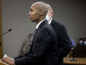 FILE - Former Minneapolis police officer Mohamed Noor addresses Judge Kathryn Quaintance at the Hennepin County Government Center, Thursday, Oct. 21, 2021, in Minneapolis. Noor, who fatally shot a woman who called 911 to report a possible sexual assault behind her home in 2017, is scheduled to be released from incarceration on Monday, June 27, 2022.