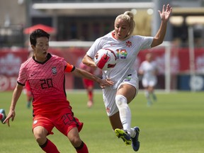 Canada Women's Adriana Leon (left) battles for the ball with Korean Republic Women's Hyeri Kim during first half international friendly action in Toronto, Ont., Sunday June 26, 2022.