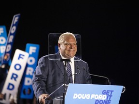 Doug Ford, Leader of the Ontario PC Party, speaks during a rally at the the Toronto Congress Centre in Etobicoke, Ont. on Wednesday June 1, 2022.