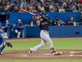 Boston Red Sox left fielder Alex Verdugo (99) hits a home run during sixth inning AL MLB baseball action against the Toronto Blue Jays in Toronto on Wednesday, June 29, 2022.