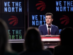 Toronto Raptors' general manager Bobby Webster speaks to media during a press conference at Scotiabank Arena at the team's media day in Toronto on Sept. 27, 2021.