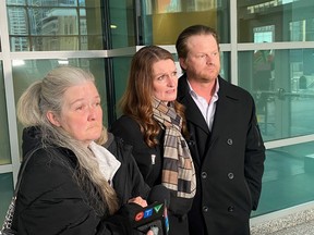 Jodi Sanderson, left to right, Kim Blankert and Mike Blankert are shown in Calgary on Monday Jan. 24, 2022. A man who admitted to murdering his former girlfriend and was eventually convicted of killing her young daughter is scheduled to be sentenced in September.