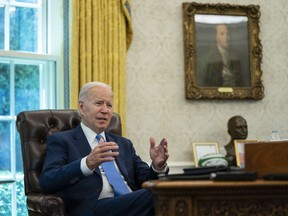 President Joe Biden speaks during an interview with the Associated Press in the Oval Office of the White House, Thursday, June 16, 2022, in Washington.