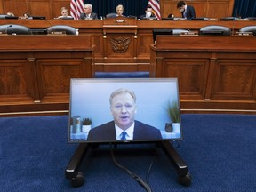 NFL Commissioner Roger Goodell testifies virtually, Wednesday, June 22, 2022, during a Hous​e Oversight Committee hearing on the Washington Commanders' workplace conduct, on Capitol Hill in Washington. Team owner Dan Snyder did not attend the hearing.