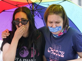 Abortion-rights activists react after hearing the Supreme Court decision on abortion outside the Supreme Court in Washington, Friday, June 24, 2022. The Supreme Court has ended constitutional protections for abortion that had been in place nearly 50 years in a decision by its conservative majority to overturn Roe v. Wade.