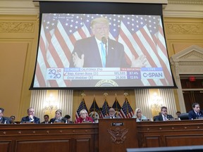 A video of former President Donald Trump speaking is displayed as the House select committee investigating the Jan. 6 attack on the U.S. Capitol continues to reveal its findings of a year-long investigation, at the Capitol in Washington, Monday, June 13, 2022.