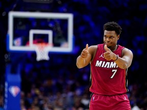 Miami Heat's Kyle Lowry gestures during the first half of Game 3 of an NBA basketball second-round playoff series against against the Philadelphia 76ers, Friday, May 6, 2022, in Philadelphia. The former Raptors star guard is getting a street named after him in Toronto.