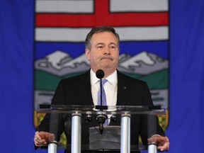 Alberta Premier Jason Kenney speaks in response to the results of the United Conservative Party leadership review in Calgary on Wednesday May 18, 2022. The first United Conservative backbencher to publicly call for Premier Jason Kenney to quit is now running to replace him as party leader and premier.