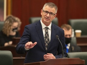 Alberta Minister of Finance and President of the Treasury Board, Travis Toews delivers the 2021 budget in Edmonton Alta, on Thursday February 25, 2021.
