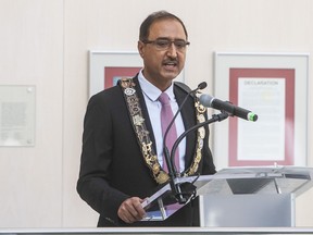 The new Mayor of Edmonton Amarjeet Sohi takes part in a swearing-in ceremony in Edmonton Alta, on Tuesday, October 26, 2021. The mayor of Edmonton is calling on the Alberta government to investigate the actions of police in the days before two men were killed in the Chinatown neighbourhood.