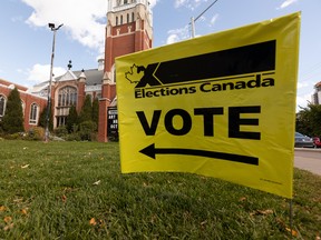 An Elections Canada sign is seen near a polling station for the 2021 Federal Election at Robertson-Wesley United Church in Edmonton, on Monday, Sept. 20, 2021. Photo by Ian Kucerak
