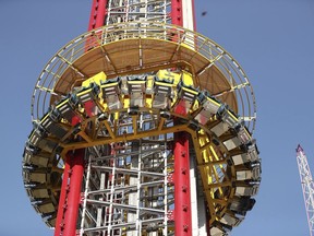 FILE - The Orlando Free Fall drop tower in ICON Park in Orlando is pictured on Monday, March 28, 2022. A Missouri teenager died of blunt force trauma after falling from the 430-foot (130-meter) Florida drop-tower amusement park ride, according to an autopsy released Monday, June 13, 2022.