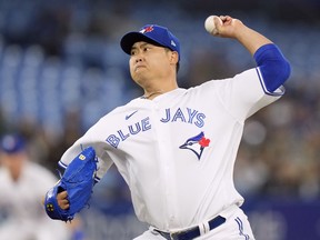 Toronto Blue Jays starting pitcher Hyun Jin Ryu (99) works against the Oakland Athletics during first inning MLB baseball action in Toronto, Saturday, April 16, 2022.&ampnbsp;Ryu is expected to miss the rest of the season due to an elbow injury. THE&ampnbsp;CANADIAN PRESS/Frank Gunn