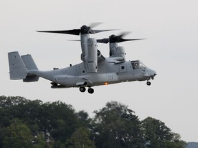 FILE - A MV-22B Osprey tiltrotor aircraft flies at Marine Corps Air Facility at Marine Corps Base in Quantico, Va., on on Aug. 3, 2012. Officials say a Marine Corps MV-22B Osprey carrying five Marines crashed in the Southern California desert, Wednesday afternoon, June 8, 2022, during training in a remote area near the community of Glamis in Imperial County. Military officials have yet to release official word on the fate of the five Marines.