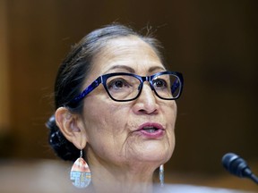 FILE - Interior Secretary Deb Haaland speaks during a Senate Energy and Natural Resources Committee hearing on May 19, 2022, on Capitol Hill in Washington. On Friday, June 10, 2022, Haaland rolled out guidelines for a new youth service program meant to create job opportunities for Native Americans while boosting their cultural connections to nature through conservation projects on tribal and public land.