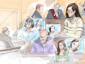 Crown John Rinaldi (clockwise from top left), Justice Anne Molloy, friends, family members and first responders share victim impact statements at the sentencing hearing for Alex Minassian, far left, in a Toronto courtroom on Monday, June 13, 2022. The man responsible for Toronto's deadly 2018 van attack has been sentenced to life in prison with no chance of parole for 25 years.