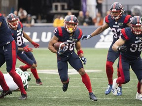 Montreal Alouettes' Chandler Worthy breaks away to run in for touchdown against the Saskatchewan Roughriders during first half CFL football action in Montreal, Thursday, June, 23, 2022.